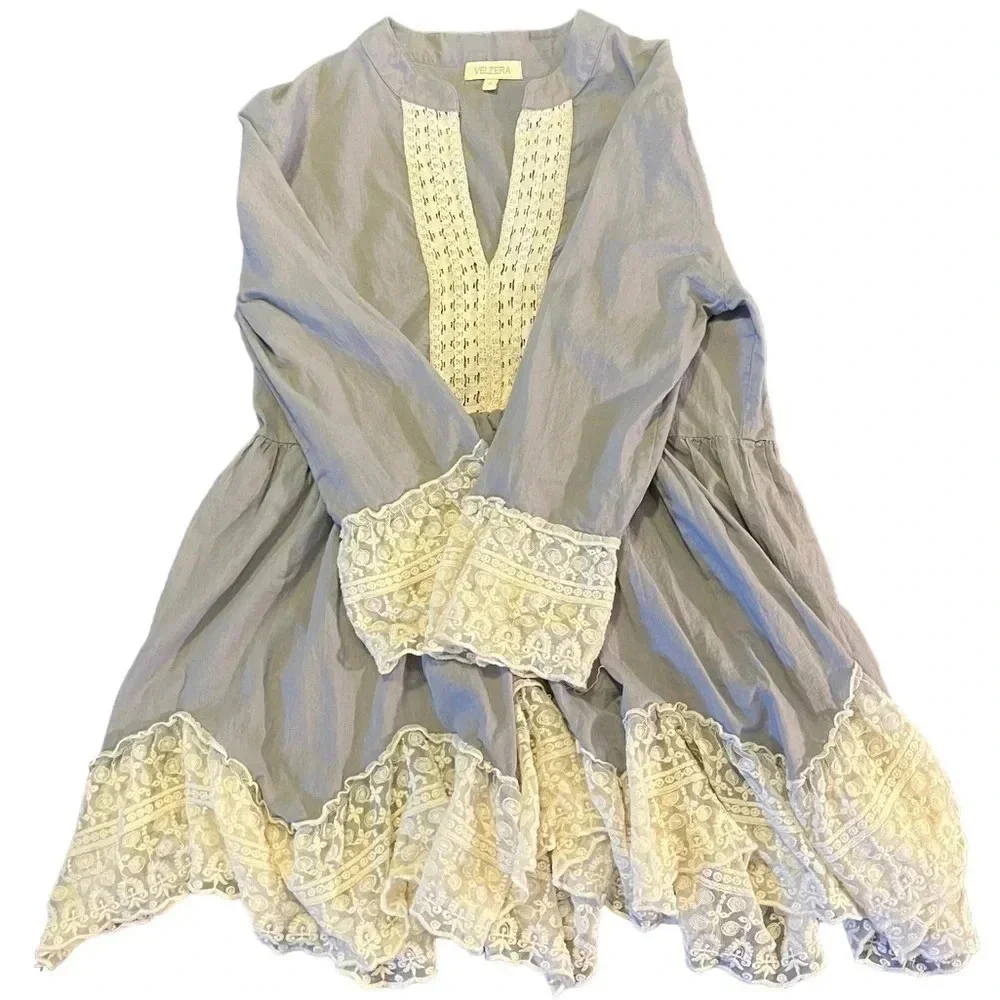 Velzera Grey Lace Long Sleeve Tunic | Women's S - Picture 2 of 5